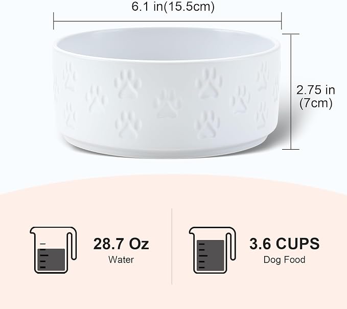 SPUNKYJUNKY Ceramic Dog and Cat Bowls 2 Pack, 6.1'' Dog and Cat Food Water Double Feeding Bowls Non-Slip for Large Sized Breed Microwave Dishwasher Safe - 28.7 OZ, 2pcs, Paw White - Image 2