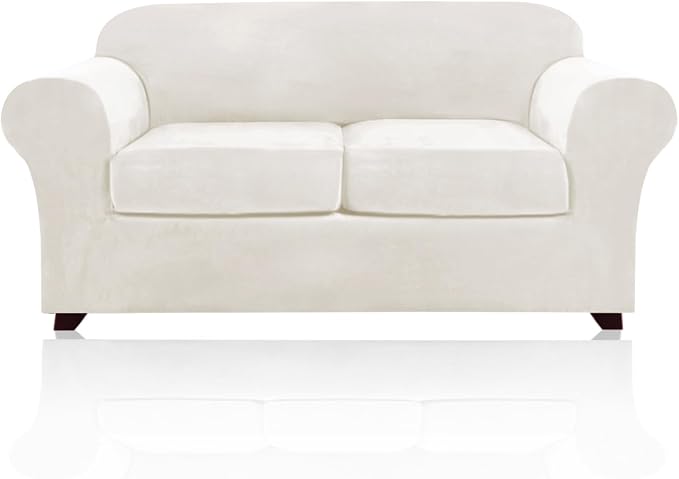 PrinceDeco Velvet Couch Cover Loveseat Covers for 2 Cushion Couch 3 Piece Sofa Covers for Dogs Washable Loveseat Covers Width Up to 72 Inch No Slip Stretch Sofa Slipcover(Medium, Porcelain) by PrinceDeco