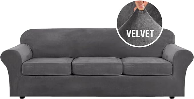 H.VERSAILTEX Velvet 4 Piece High Stretch Sofa Slipcover Cover Furniture Protector Form Fit Luxury Thick Velvet Extra Large Sofa Cover for 3 Cushion Couch Width Up to 105 Inch (XL Sofa, Gray) by HVERSAILTEX
