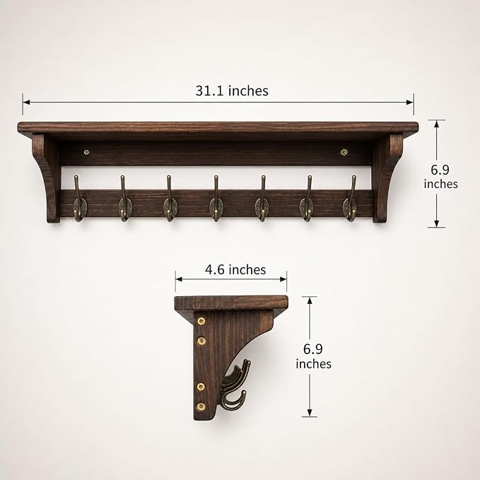 Wall Mounted Coat Rack with Shelf, Solid Wood & Bronze Metal Hooks – 31.1 Inch Entryway Organizer with 7 Hooks for Hanging Coats, Hats, Bags, Keys, Rustic Brown for Hallway，Bedroom（31.1 Inch） - Image 5