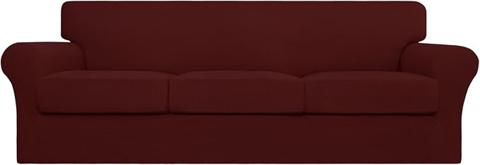 Easy-Going 4 Pieces Stretch Couch Cover Oversized Sofa Cover for Dogs Washable Sofa Slipcover for 3 Separate Cushion Couch Spandex Elastic Furniture Protector for Pets, Kids (Wine, Oversized Sofa) by Easy-Going