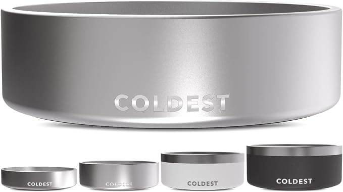 Coldest Dog Bowl - Anti Rust Metal, Non Slip, 3 Layers Insulated Stainless Steel Dog Bowls - Spill Proof & Heavy Duty - Water Bowl for Dogs, Cats, Dish Washer Safe (42 oz, Polished Stainless Steel) by Coldest