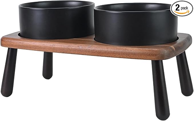 SPUNKYJUNKY Ceramic Elevated Dog Bowls Raised with Acacia Bamboo Wooden Stand, 6.1'' Dog and Cat Food Water Bowls Set Non-Slip for Small Medium Sized Breed Microwave Dishwasher Safe - 28.7 OZ,Black by SPUNKYJUNKY