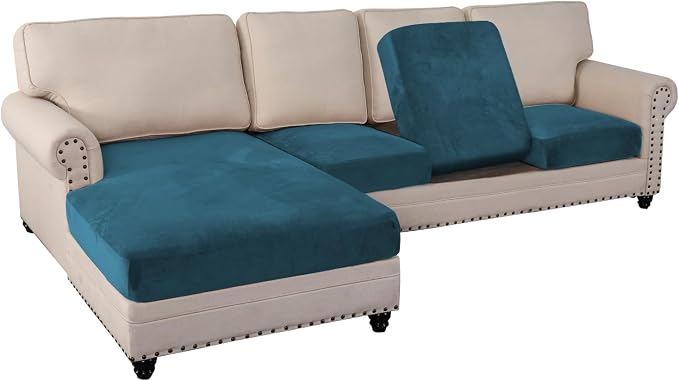 PrinceDeco Sectional Couch Cover 4 Pieces Couch Covers for Sofa Velvet Separate SlipCovers L Shape for Left/Right Chaise Sectional Couch(3 Seater + 1 Chaise,Deep Teal) by PrinceDeco