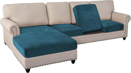 PrinceDeco Sectional Couch Cover 4 Pieces Couch Covers for Sofa Velvet Separate SlipCovers L Shape for Left/Right Chaise Sectional Couch(3 Seater + 1 Chaise,Deep Teal) by PrinceDeco
