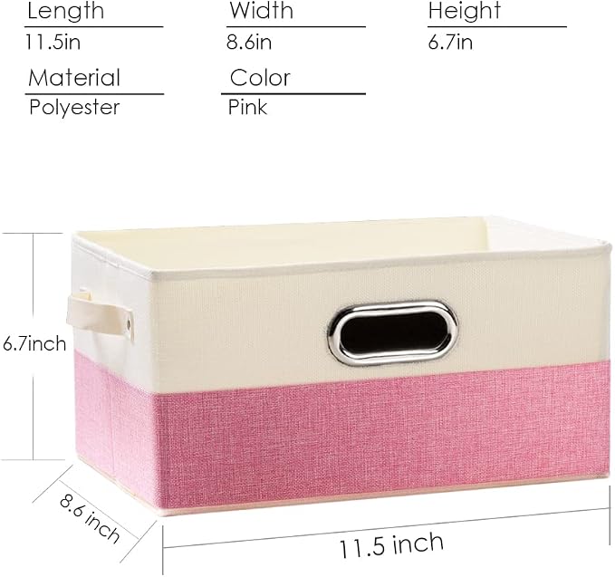 PRANDOM Fodable Storage Bins for Closet [3-pack] Decorative Fabric Storage Baskets Cubes with Leather/Metal Handles for Shelves Bedroom Living Room Pink&Cream (11.5x8.5x6.7 Inch) - Image 5