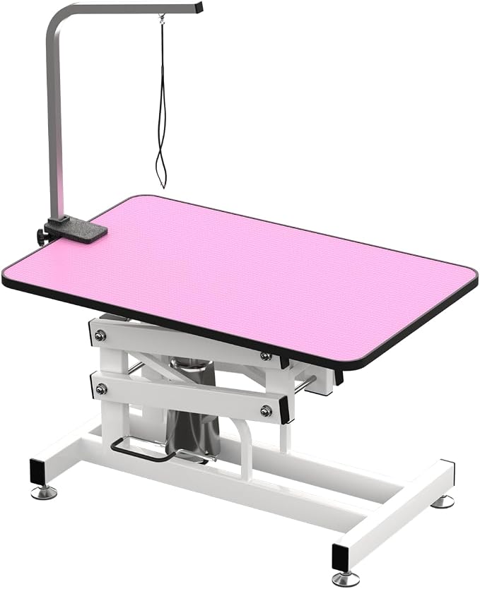 Hydraulic Dog Pet Grooming Table, 42 Inch Heavy Duty Professional Pet Grooming Station 21'' -36'' Height Adjustable for Small Medium Large Dog at Home with Clamps and Grooming Noose, Pink by Afqxf