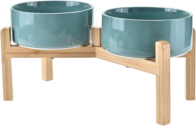 SPUNKYJUNKY Elevated Dog Bowls Ceramic, 7.3'' Dogs Food Water Bowls Raised with Non-Slip Bamboo Stand for Medium to Large Sized Breed Microwave Dishwasher Safe - 42 OZ,Dark Green by SPUNKYJUNKY