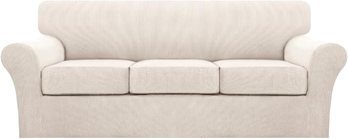 Turquoize 4 Piece Sofa Covers for 3 Cushion Couch Sofa Slipcover Soft Couch Cover for Dogs Washable Furniture Cover with 3 Individual Large Cushion Covers Feature Fabric (Large Sofa, Ivory) by Turquoize