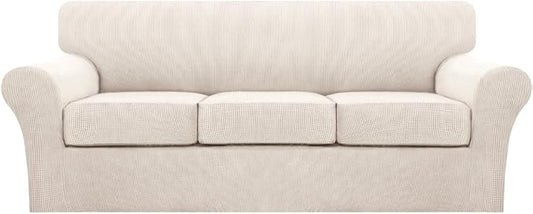 Turquoize 4 Piece Sofa Covers for 3 Cushion Couch Sofa Slipcover Soft Couch Cover for Dogs Washable Furniture Cover with 3 Individual Large Cushion Covers Feature Fabric (Large Sofa, Ivory) by Turquoize