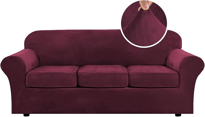 H.VERSAILTEX High Stretch Sofa Slipcover 4 Piece Cover Velvet Furniture Protector Form Fit Thick Velvet Extra Large Sofa Cover for 3 Cushion Couch Width Up to 97 Inch (Large Sofa, Wine/Burgundy) by HVERSAILTEX