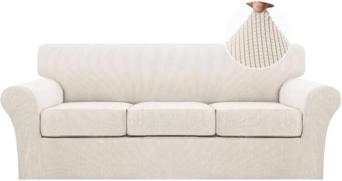 Turquoize 4 Piece Sofa Covers for 3 Cushion Couch Sofa Slipcover Soft Couch Cover for Dogs-Washable Sofa Furniture Covers with 3 Individual Cushion Covers, Jacquard Fabric (3 Cushion Sofa, Ivory) by Turquoize