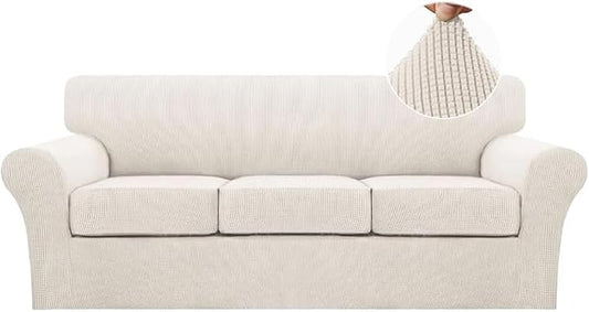 Turquoize 4 Piece Sofa Covers for 3 Cushion Couch Sofa Slipcover Soft Couch Cover for Dogs-Washable Sofa Furniture Covers with 3 Individual Cushion Covers, Jacquard Fabric (3 Cushion Sofa, Ivory) by Turquoize