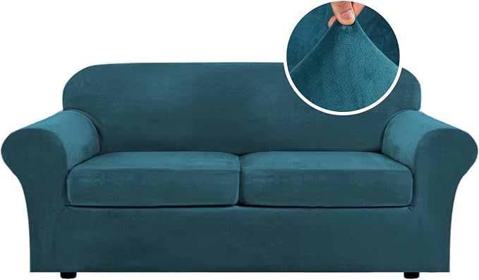 H.VERSAILTEX Real Velvet Plush 3 Piece Stretch Sofa Covers Couch Covers for 2 Cushion Couch Sofa Slipcovers Width Up to 90 Inch Feature Thick Soft Stay in Place (Large Sofa, Deep Teal) by HVERSAILTEX