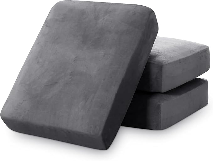 PrinceDeco Stretch Sofa Cushion Covers for Couches and Sofas,Soft Velvet Couch Seat Covers, Sofa Covers Washable, Seat Cushion Cover for 3 Couch Sofa Pet Friendly - Grey, Each Width Up to 29.5" by PrinceDeco
