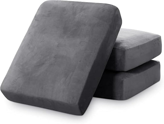 PrinceDeco Stretch Sofa Cushion Covers for Couches and Sofas,Soft Velvet Couch Seat Covers, Sofa Covers Washable, Seat Cushion Cover for 3 Couch Sofa Pet Friendly - Grey, Each Width Up to 29.5" by PrinceDeco