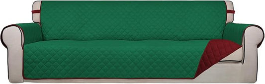 PureFit Reversible Quilted Couch Covers for Dogs Sofa Cover 4 Seater 88" | Green/Red, Water Resistant Couch Protector, Washable Pet Couch Cover with Non Slip and Elastic Straps For Kids by PureFit