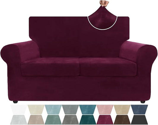ZNSAYOTX Luxury Velvet Sofa Cover 3 Piece (57"-70") Stretch Loveseat Covers for 2 Cushion Couch Thick Soft Couch Slipcover with Non Slip Strap, Dog Pet Friendly Nice Furniture Protector (Wine Red) by ZNSAYOTX