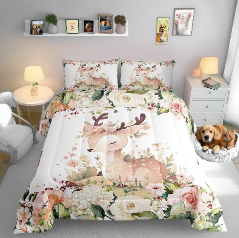 Manfei Watercolor Flowers Leaves Garden Boys Girls Comforter Set Full Size,Cute Deer Duvet Set Teens Bedroom Decor,Cartoon Wild Animal Microfiber Soft Bedding by Manfei