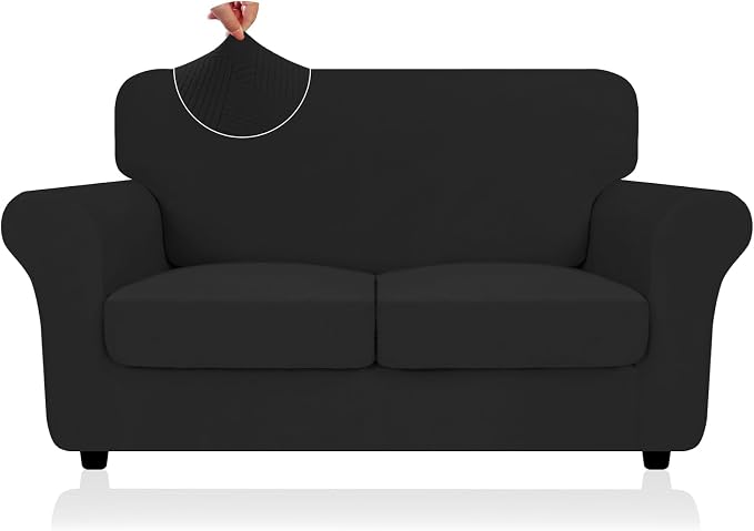 ZNSAYOTX 3 Piece Stretch Loveseat Covers (55"-69"), Thick Striped Sofa Covers for 2 Cushion Couch with Elastic Band Bottom Ties Non-Slip Stay in Place, Soft Durable Love Seat Slipcovers, Black by ZNSAYOTX