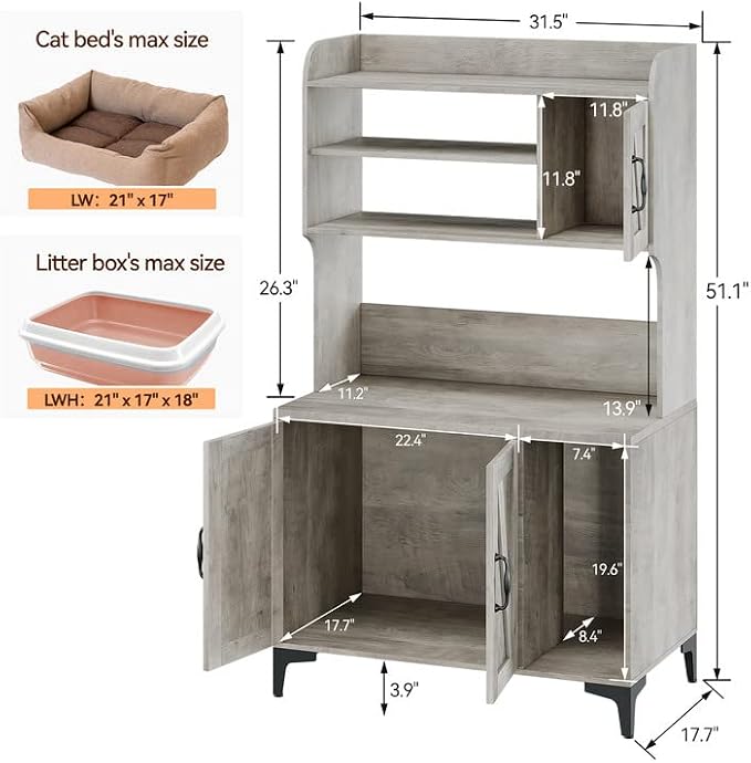 IDEALHOUSE Cat Litter Box Enclosure with Shelves and Doors,Wood Sturdy Hidden Litter Box Furniture,Indoor Cat House Furniture for Most of Litter Box,Litter Box Cabinet,Grey - Image 6