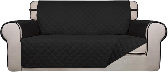 PureFit Reversible Quilted Couch Covers for Dogs Loveseat Sofa Cover 54" | Black/Black, Water Resistant Couch Protector, Washable Pet Couch Cover with Non Slip and Elastic Straps For Kids by PureFit