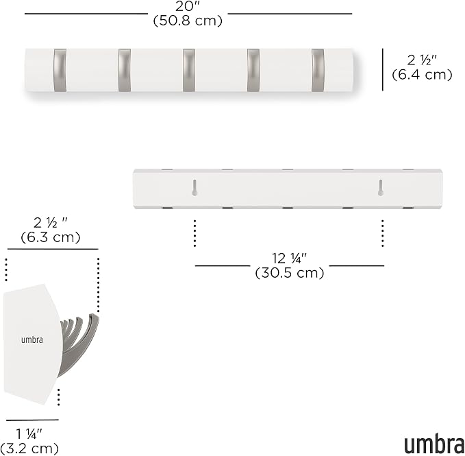 Umbra Flip Coat Rack, Wall Mounted 5-Hook Space Saving, White/Nickel | Real wood and steel build, retractable hooks fold flat, holds coats bags and scarves, easy install - Image 3