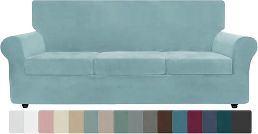 ZNSAYOTX Oversized Velvet Couch Cover 4 Piece (92"-115") Stretch Sofa Covers for 3 Cushion Couch Thick Soft XL-Slipcover with Non Slip Strap, Dog Pet Friendly Nice Furniture Protector (Stone Blue) by ZNSAYOTX