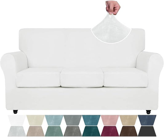 ZNSAYOTX Luxury Couch Cover 4 Piece Stretch Sofa Covers for 3 Cushion Couch Thick Soft Spandex Sofa Slipcover Living Room Anti Slip Dogs Pet Furnitre Protector (White, Sofa) by ZNSAYOTX