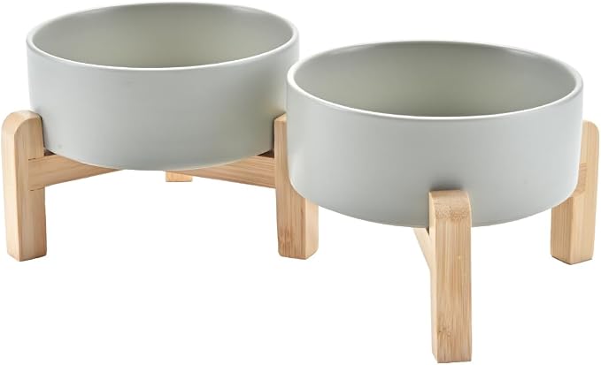 SPUNKYJUNKY Elevated Dog Bowls Ceramic, 5.1'' Dogs and Cat Food Water Bowls Raised with Non-Slip Bamboo Stand for Puppy Small Sized Breed Microwave Dishwasher Safe - 13.5 OZ,Grey by SPUNKYJUNKY