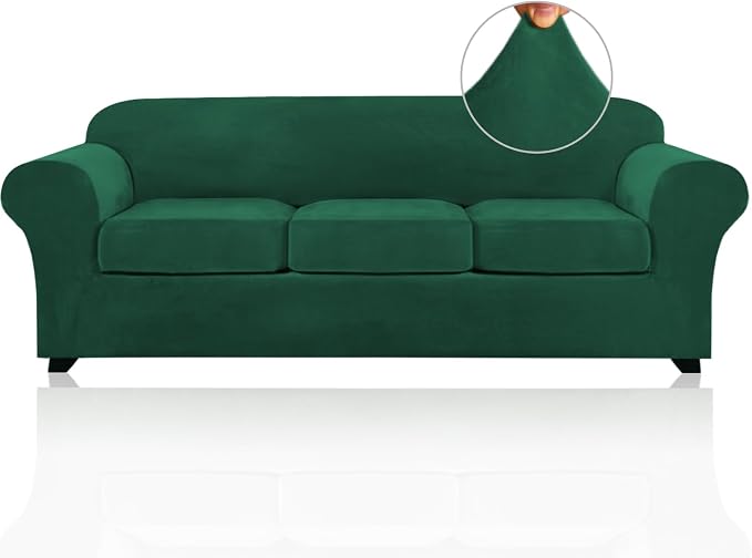 PrinceDeco Velvet Couch Covers for Sofa Soft 4 Pieces Couch Covers for 3 Cushion Couch Sofa Pet Friendly Furniture Protector with Non Slip Elastic Bottom Width Up to 97 Inch (Large Sofas, Green) by PrinceDeco