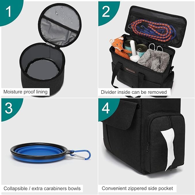 Modoker Weekend Dog Travel Bag Set with 2 Food Bags, 2 Bowls and Mat, Black | Dog Travel Accessories Organizer for Camping and Road Trips with Roomy Storage, Multiple Pockets and Water-Resistant Oxford - Image 4