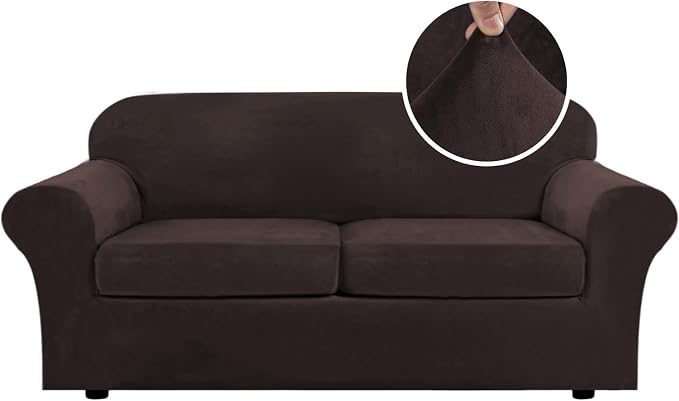 H.VERSAILTEX Real Velvet Plush 3 Piece Stretch Sofa Covers Couch Covers for 2 Cushion Couch Sofa Slipcovers Width Up to 90 Inch Feature Thick Soft Stay in Place (Large Sofa, Brown) by HVERSAILTEX