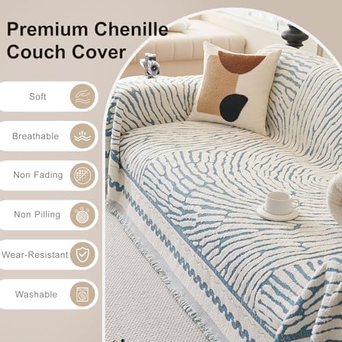 ROOMLIFE Thicked Striped Couch Cover with Tassel Blue Chenille Sofa Cover Blanket for Sectional Sofa, Soft Sofa Slipcovers for L Shaped Love Seat 2-3 Cushion Couch Anti Slip Sofa Protector, 71"x118" - Image 4