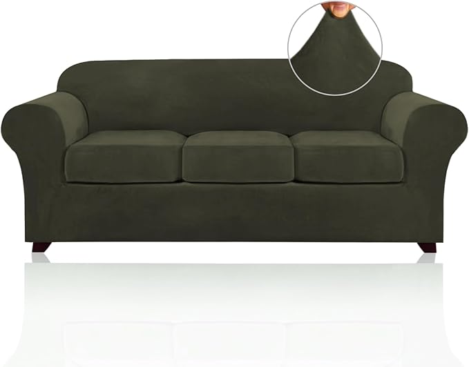 PrinceDeco Velvet Couch Covers for Sofa Soft 4 Pieces Couch Covers for 3 Cushion Couch Sofa Pet Friendly Furniture Protector with Non Slip Elastic Bottom Width Up to 97 Inch (Large Sofas, Olive) by PrinceDeco