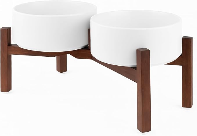 SPUNKYJUNKY Raised Ceramic Dog Bowls Set with Non-Slip Acacia Wood Stand for Medium Sized Dog(42.27 OZ, White) by SPUNKYJUNKY