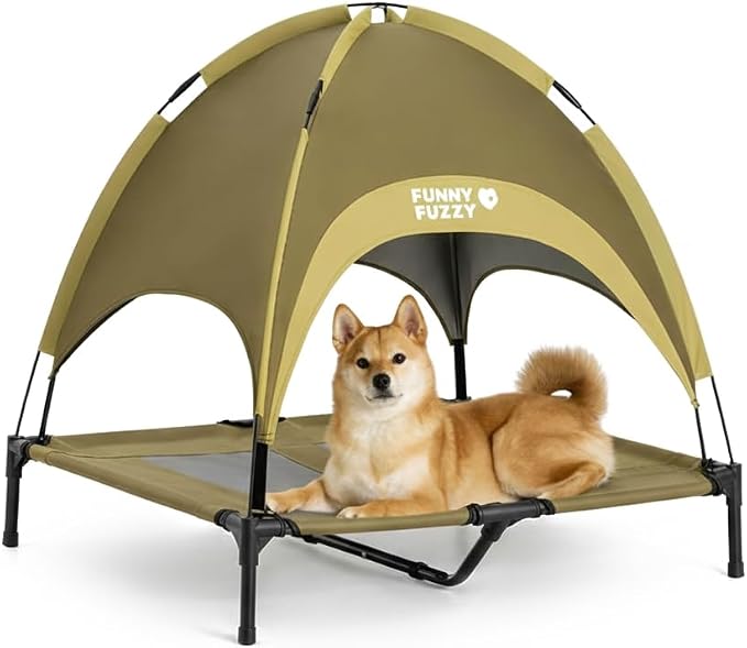 FUNNY FUZZY Elevated Dog Bed with Canopy for Large Dogs up to 120 lbs– Raised Dog Cot Bed with UV Shade,Waterproof,Breathable Mesh,Outdoor & Indoor Use,Portable,Green(36"×30"×7") by FUNNYFUZZY
