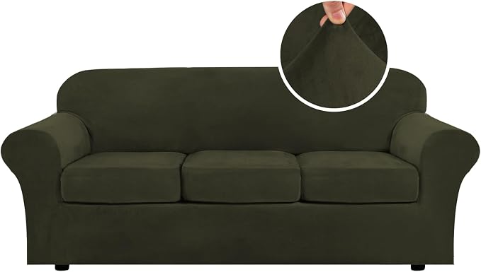 H.VERSAILTEX Modern Velvet Plush 4 Piece High Stretch Sofa Slipcover Sofa Cover Furniture Protector Form Fit Thick Velvet Sofa Cover for 3 Cushion Couch Width Up to 90 Inch (Sofa, Olive) by HVERSAILTEX