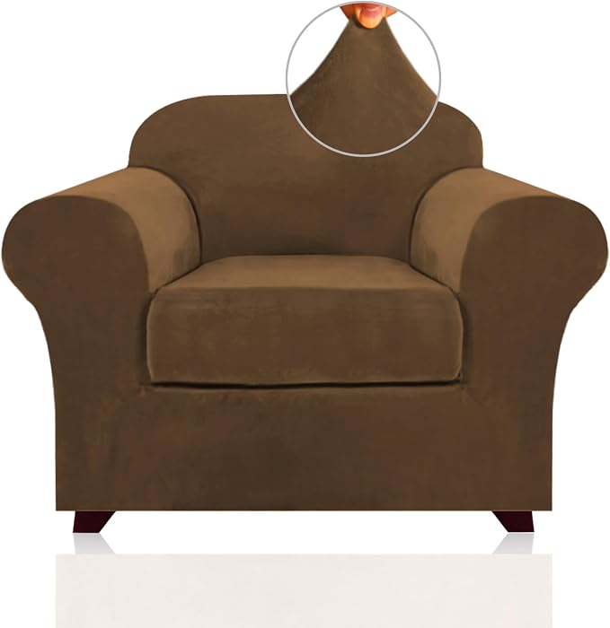 PrinceDeco Velvet Plush Couch Cover Stretch 2 Piece Chair Cover Chair Slipcover Washable Furniture Protector Couch Soft with Elastic Bottom Armchair Cover Width Up to 49 Inch(Small, Bronze Brown) by PrinceDeco
