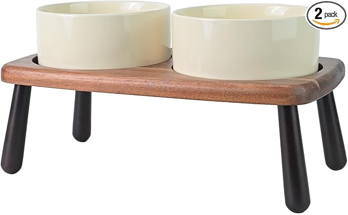 SPUNKYJUNKY Ceramic Elevated Dog Bowls Raised with Acacia Bamboo Wooden Stand, 6.1'' Dog and Cat Food Water Bowls Set Non-Slip for Small Medium Sized Breed Microwave Dishwasher Safe - 28.7 OZ,Beige by SPUNKYJUNKY