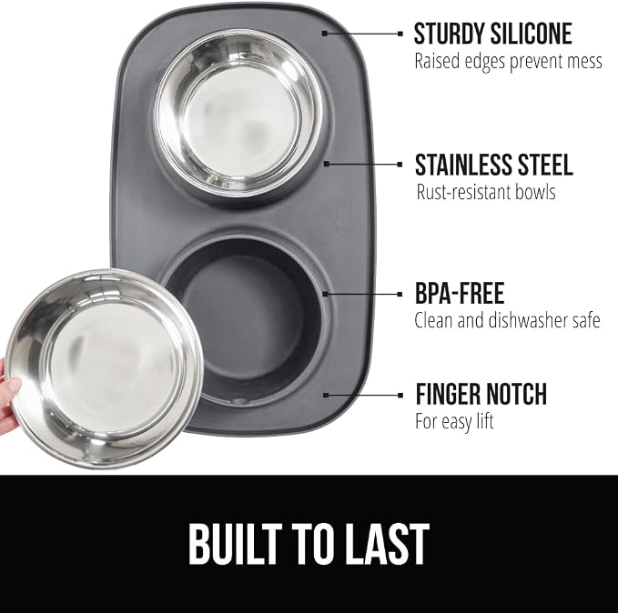 GORILLA GRIP Dog Bowl Set with Slip Resistant Silicone Feeding Mat, 3 Cup, Food Grade 304 Stainless Steel Bowls, BPA Free, High Edge Spill Containment, Dishwasher Safe, Finger Notch Removal, Gray - Image 2