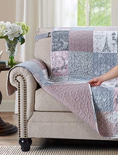 Brilliant Sunshine Latte Grey Paris & Toile Couch Cover, 70" seat | Non Slip Sofa Cover, Patchwork Design, Quilted Furniture Protector, Large Washable Slipcover for Pets, Dogs & Cats - Image 6