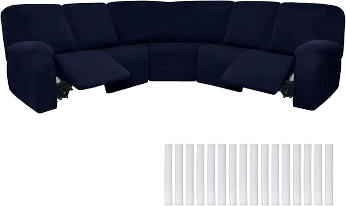 Peryiter 7 Pcs L Shape Sectional Recliner Sofa Covers 5 Seat Sectional Couch Covers Milk Silk Velvet Stretch Reclining Sofa Slipcover Furniture Protector for Living Room(Navy Blue,Milk Silk) by Peryiter