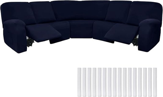 Peryiter 7 Pcs L Shape Sectional Recliner Sofa Covers 5 Seat Sectional Couch Covers Milk Silk Velvet Stretch Reclining Sofa Slipcover Furniture Protector for Living Room(Navy Blue,Milk Silk) by Peryiter