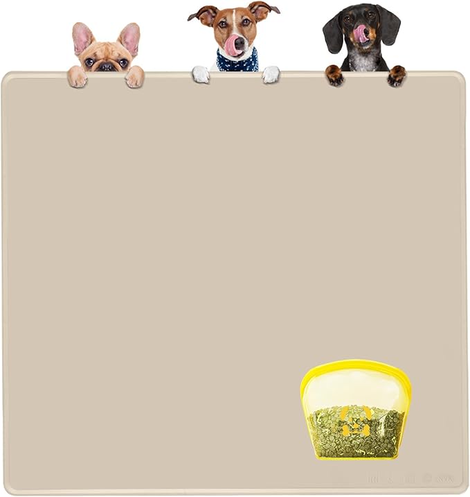 KVK Extra Extra Large Silicone Dog Food Mat 39.4×43.3in and 128oz Silicone Bag Set, Super Size Waterproof Pet Feeding Mat & Container, Non-Slip, Chew-Resistant Floor Protection (Beige&Yellow) by Unknown