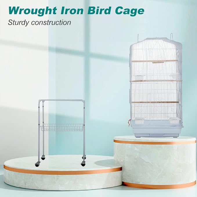 BestPet 64 inch Wrought Iron Bird Cage for Parakeets Medium Small Parrots Parakeet Cage with Detachable Rolling Stand & Play Open Top for Cockatiels Lovebird Finches Canaries,White - Image 3