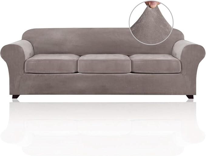 PrinceDeco Velvet XL Couch Cover for Oversized Sofa 4 Piece Sofa Covers for 3 Cushion Couch Washable Furniture Protector with Non Slip Elastic Bottom Width Up to 97 Inch(X-Large, Taupe) by PrinceDeco