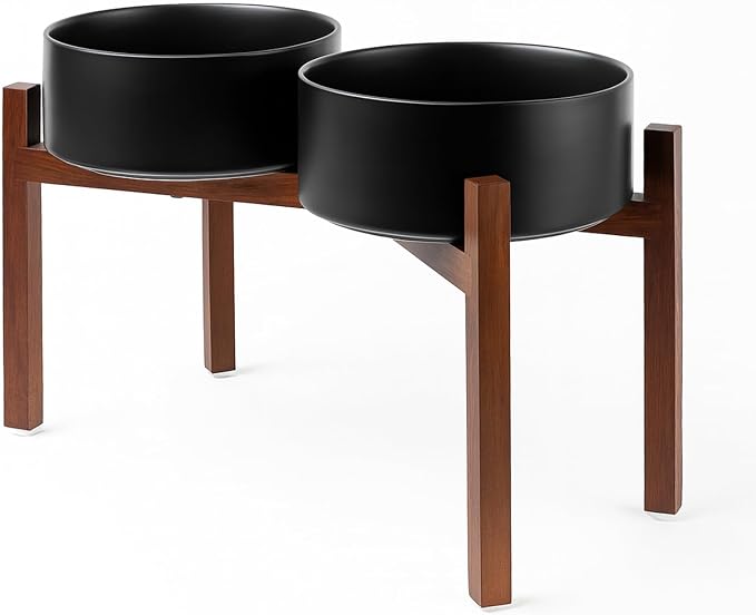 SPUNKYJUNKY Raised Ceramic Dog Bowls Set with Non-Slip Acacia Wood Stand for Large Sized Dog(60.87 OZ, Black) by SPUNKYJUNKY