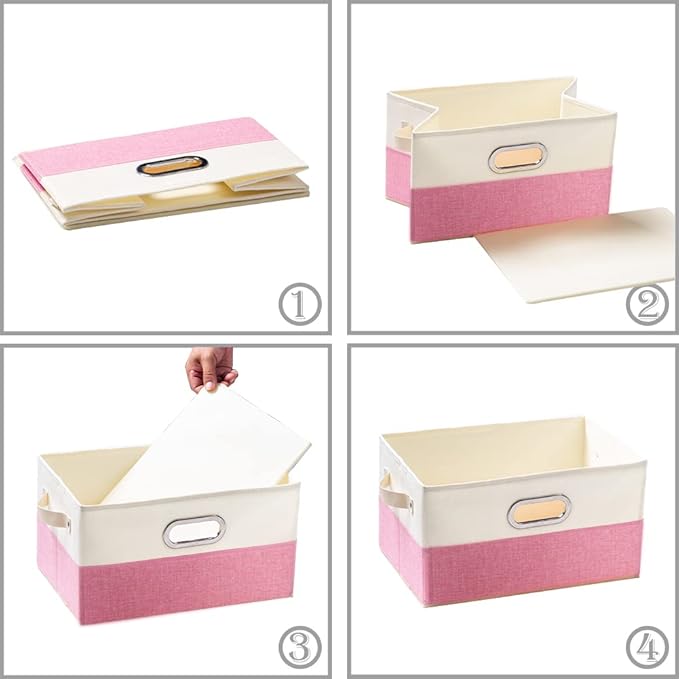 PRANDOM Large Collapsible Storage Baskets for Closet [3-pack] Decorative Fabric Storage Bins Cubes with Leather/Metal Handles for Shelves Bedroom Living Room Pink&Cream (14.9x9.8x8.3 Inch) - Image 5