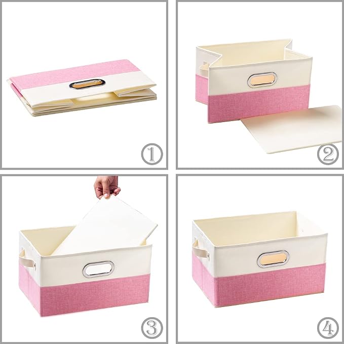 PRANDOM Large Collapsible Storage Baskets for Closet [3-pack] Decorative Fabric Storage Bins Cubes with Leather/Metal Handles for Shelves Bedroom Living Room Pink&Cream (14.9x9.8x8.3 Inch) - Image 5